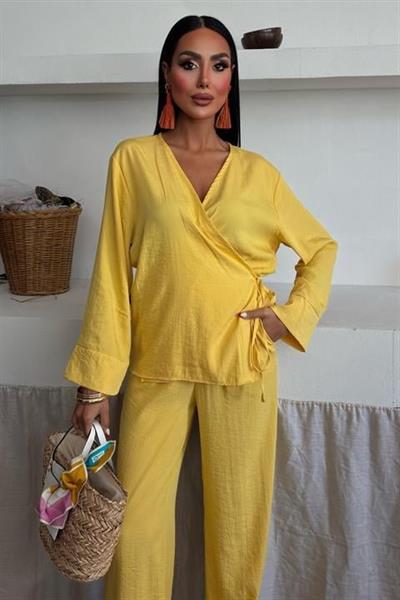 Kruvaze Model Klasik Pantolonlu Çupra Keten Takım 10191