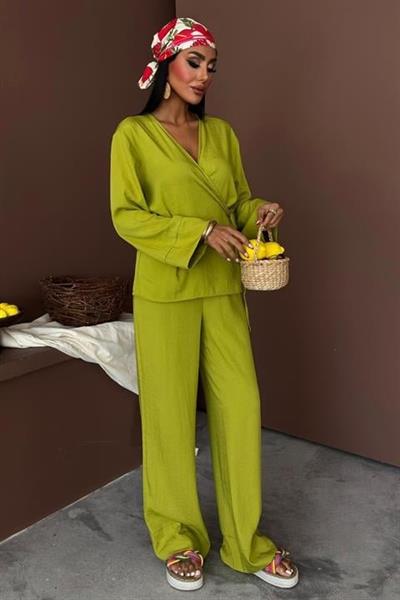 Kruvaze Model Klasik Pantolonlu Çupra Keten Takım 10191