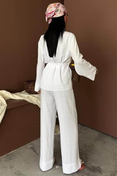 Kruvaze Model Klasik Pantolonlu Çupra Keten Takım 10191