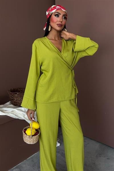 Kruvaze Model Klasik Pantolonlu Çupra Keten Takım 10191