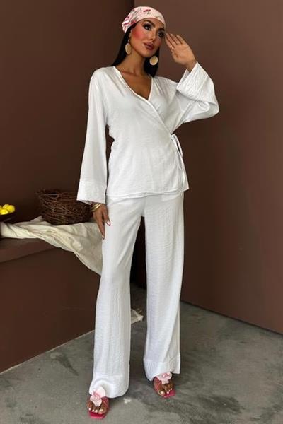 Kruvaze Model Klasik Pantolonlu Çupra Keten Takım 10191