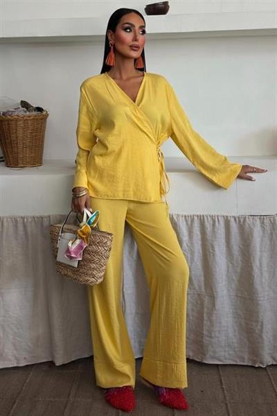 Kruvaze Model Klasik Pantolonlu Çupra Keten Takım 10191