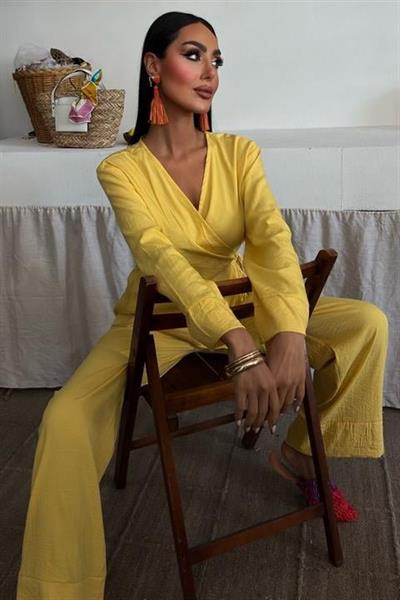 Kruvaze Model Klasik Pantolonlu Çupra Keten Takım 10191