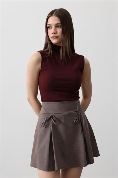 Kurdela Detaylı Mini Etek - Kahve