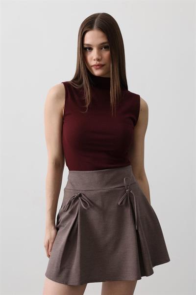 Kurdela Detaylı Mini Etek - Kahve