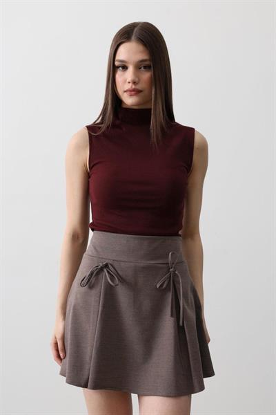Kurdela Detaylı Mini Etek - Kahve