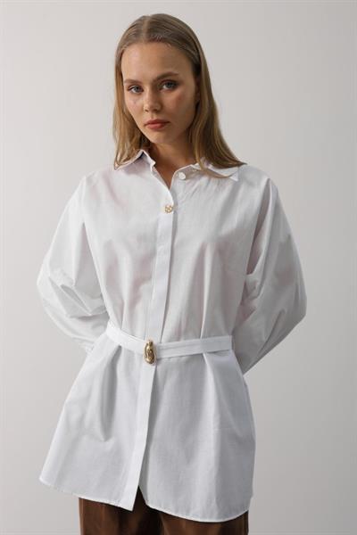 Kuşak Detaylı Tunik Gömlek - Beyaz