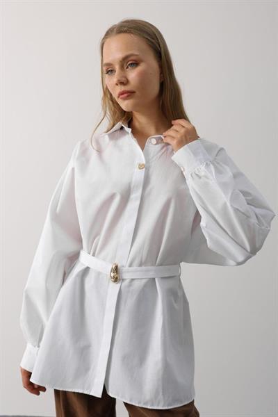 Kuşak Detaylı Tunik Gömlek - Beyaz