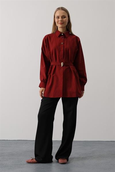 Kuşak Detaylı Tunik Gömlek - Bordo