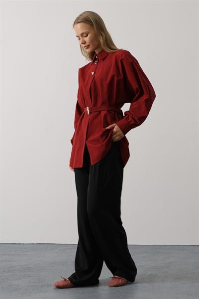 Kuşak Detaylı Tunik Gömlek - Bordo