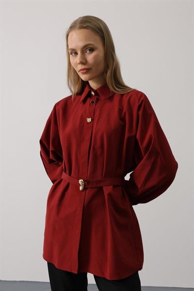 Kuşak Detaylı Tunik Gömlek - Bordo