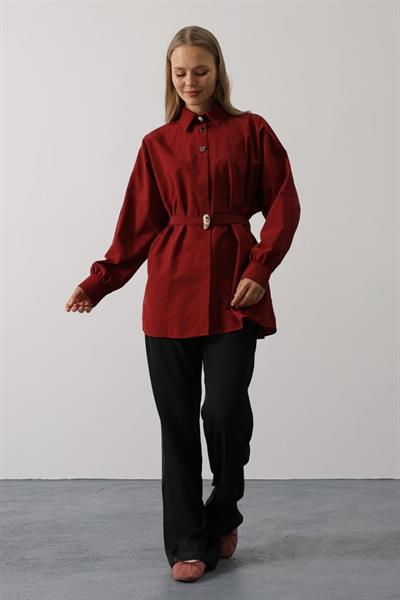 Kuşak Detaylı Tunik Gömlek - Bordo