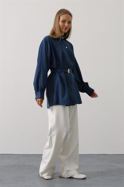 Kuşak Detaylı Tunik Gömlek - İndigo