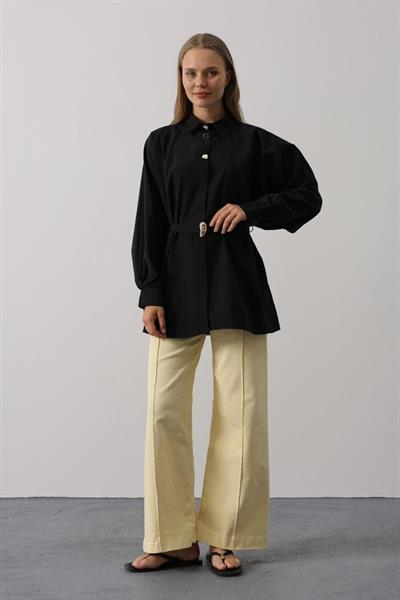 Kuşak Detaylı Tunik Gömlek - Siyah