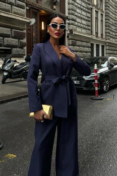 Kuşaklı Ceket Ve Kemer Detaylı Pantolon Takım 10022