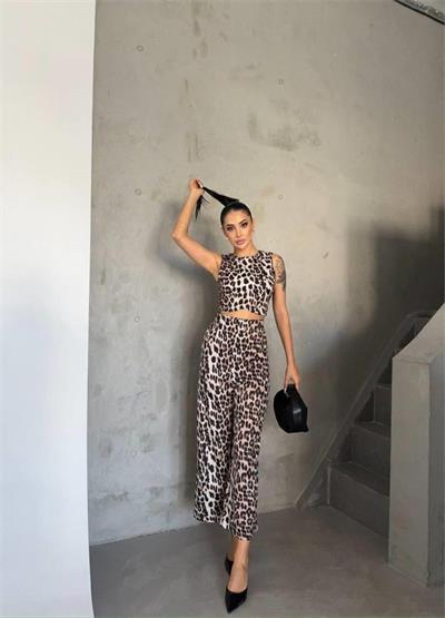 LEOPAR CROP KOLSUZ BLUZ-PANTOLON TAKIM - Leopar