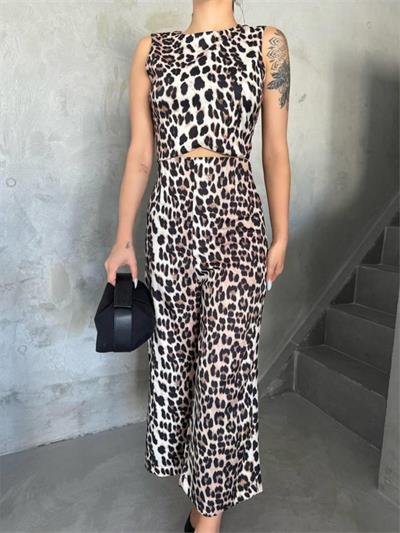 LEOPAR CROP KOLSUZ BLUZ-PANTOLON TAKIM - Leopar