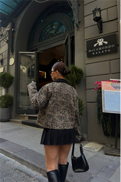 LEOPAR DESEN CROP CEKET GABARDİN - Leopar