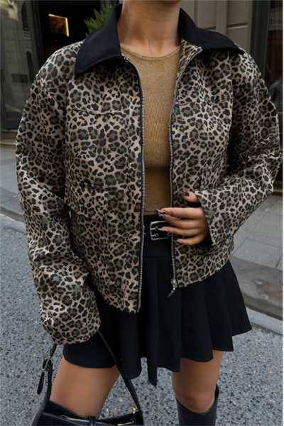 LEOPAR DESEN CROP CEKET GABARDİN - Leopar