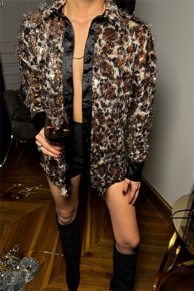 LEOPAR SAÇAKLI PAYETLİ GÖMLEK MANŞET SATEN DETAYLI - Bakır