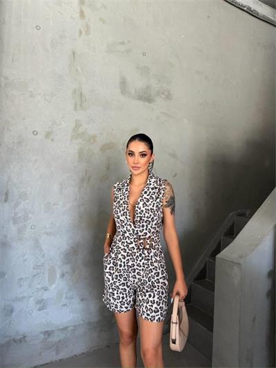 LEOPAR ŞORT TULUM CEKET YAKA TOKA DETAYLI - Leopar