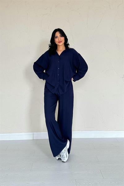 Lacivert Alice Gömlek Ve Bol Kesim Pantolon Takım