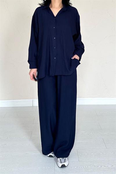 Lacivert Alice Gömlek Ve Bol Kesim Pantolon Takım
