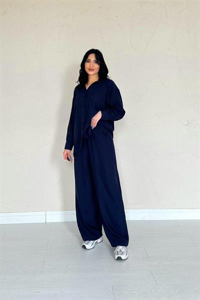 Lacivert Alice Gömlek Ve Bol Kesim Pantolon Takım