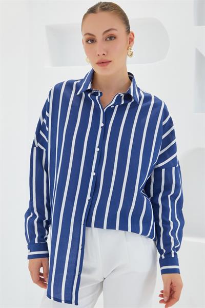 Lacivert Beyaz Çizgili Oversize Basic Gömlek 20254