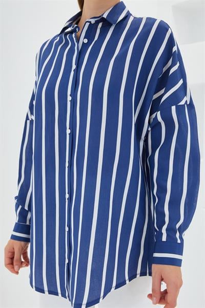 Lacivert Beyaz Çizgili Oversize Basic Gömlek 20254