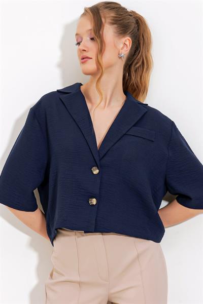 Lacivert Çift Düğmeli Oversize Crop Keten Ceket 0706