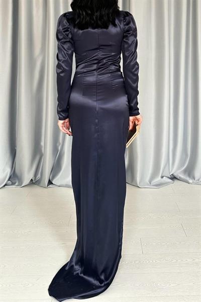 Lacivert Göğsü Kuplu Yırtmaçlı Elbise