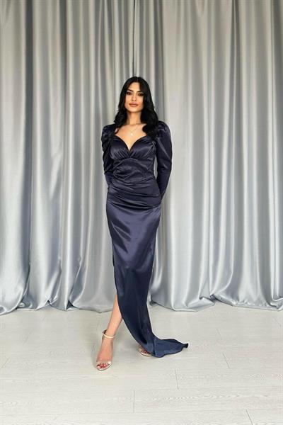 Lacivert Göğsü Kuplu Yırtmaçlı Elbise