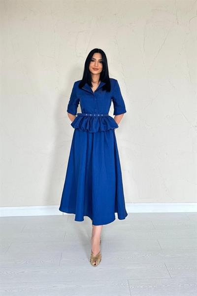 Lacivert İnce Kemerli Fırfırlı Ceket Ve Büzgülü Etek Takım