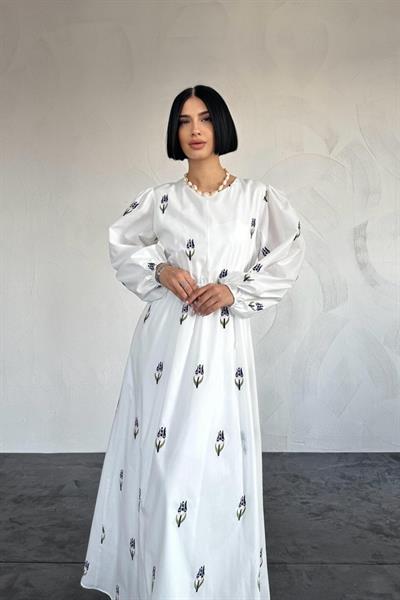 Lacivert Lale Desenli Brode Elbise