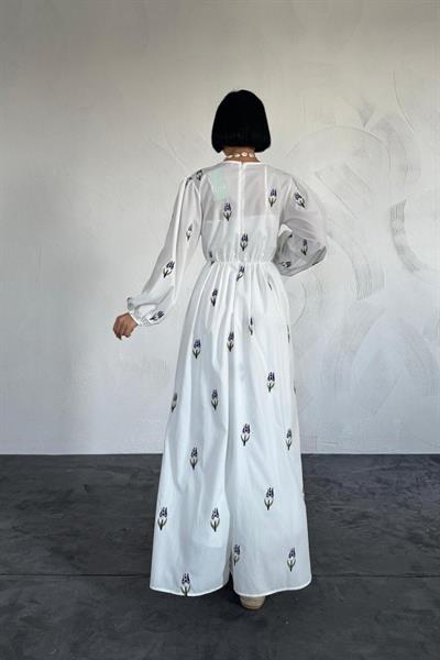 Lacivert Lale Desenli Brode Elbise