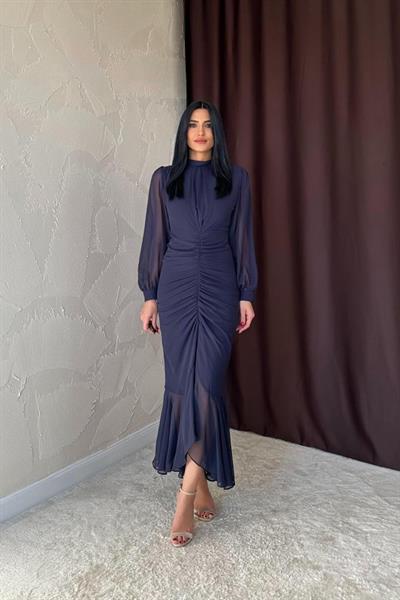 Lacivert Önü Büzgülü Şifon Elbise