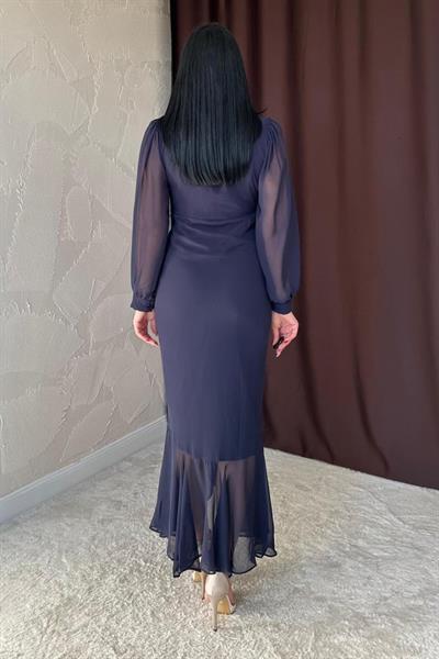 Lacivert Önü Büzgülü Şifon Elbise