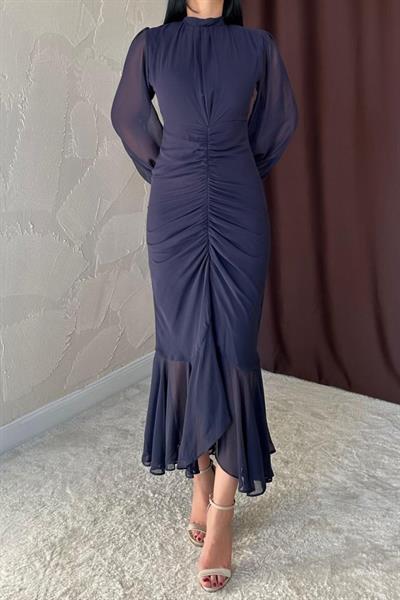 Lacivert Önü Büzgülü Şifon Elbise