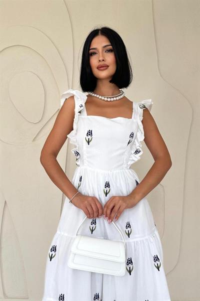 Lacivert Sıfır Kol Fırfırlı Elbise