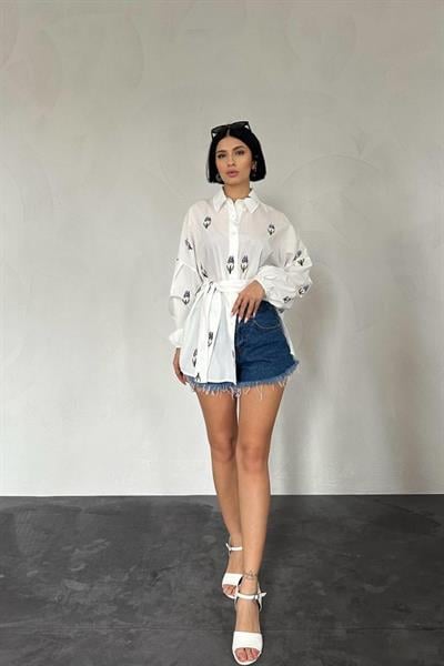 Lacivert Vual Metraj Nakış Kuşaklı Gömlek