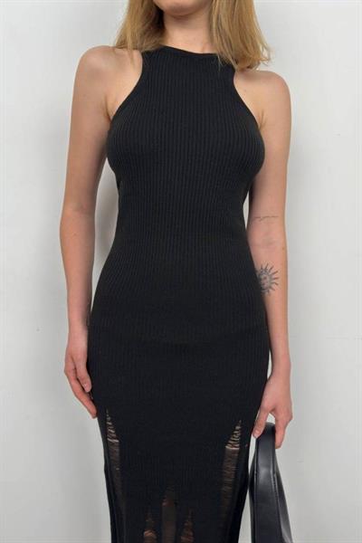 Lazer Kesim Dokulu Elbise