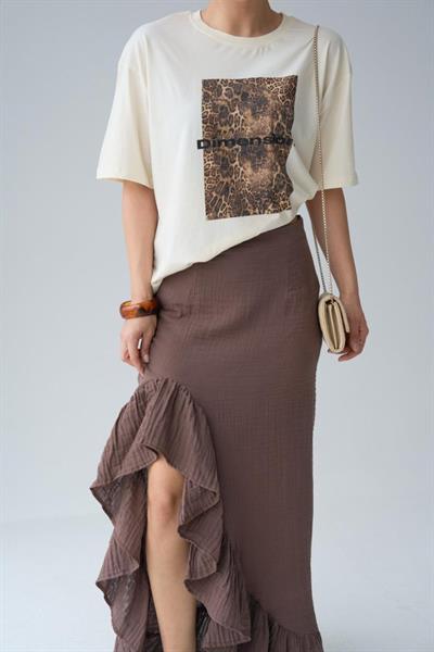 Leopar Baskı T-Shirt - Ekru