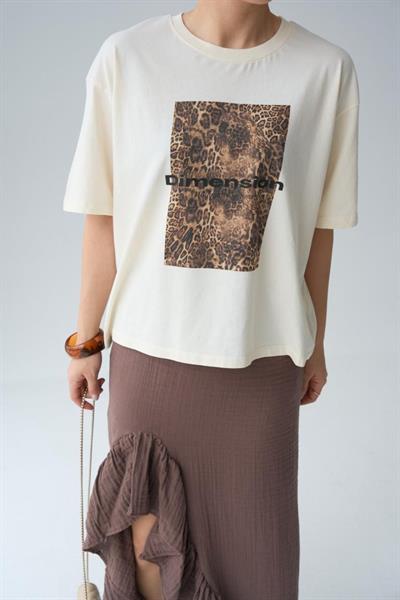 Leopar Baskı T-Shirt - Ekru