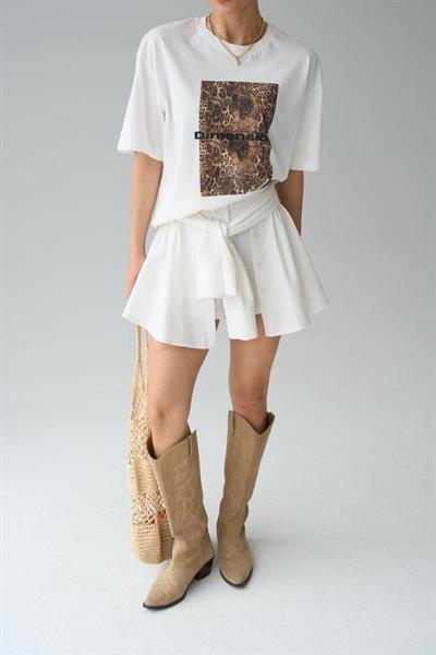 Leopar Baskı T-Shirt - Krem