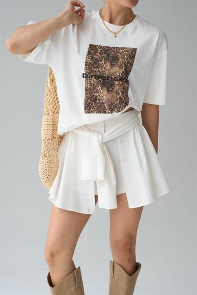 Leopar Baskı T-Shirt - Krem