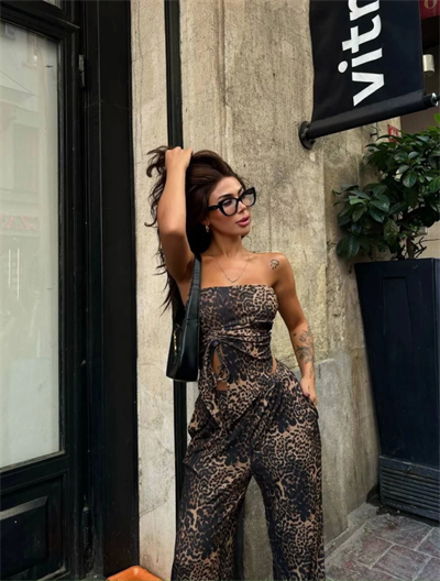 Leopar Desenli önden Bağlamalı Bluz Pantolon İkili Takım -Leopar