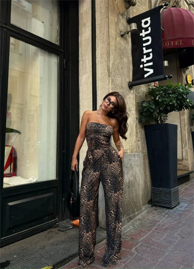 Leopar Desenli önden Bağlamalı Bluz Pantolon İkili Takım -Leopar