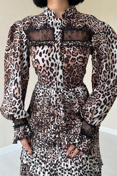 Leopar Pilise Detaylı Lastikli Elbise