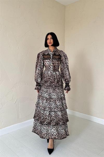 Leopar Pilise Detaylı Lastikli Elbise